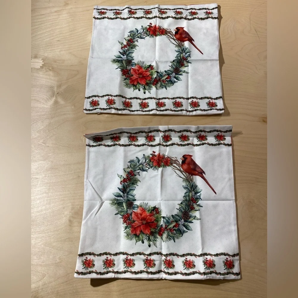 Set of 2 Festive Cardinal Wreath Holiday Pillow Covers 17” x 17” (MV)